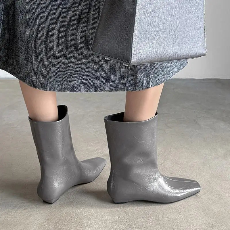 Autumn Black cowhide Slip-on Wedges Short Boots
