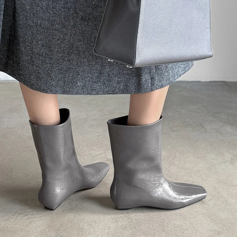 Autumn Black cowhide Slip-on Wedges Short Boots
