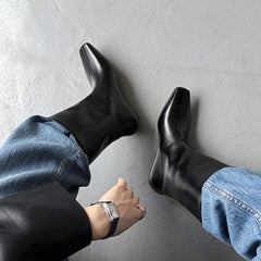 Autumn Black cowhide Slip-on Wedges Short Boots