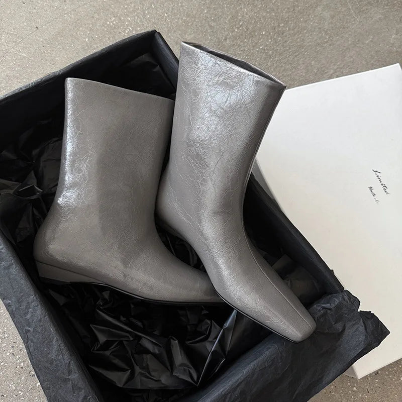 Autumn Black cowhide Slip-on Wedges Short Boots