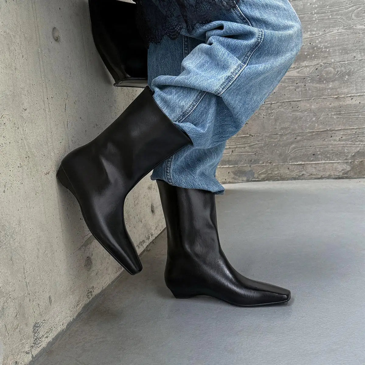Autumn Black cowhide Slip-on Wedges Short Boots
