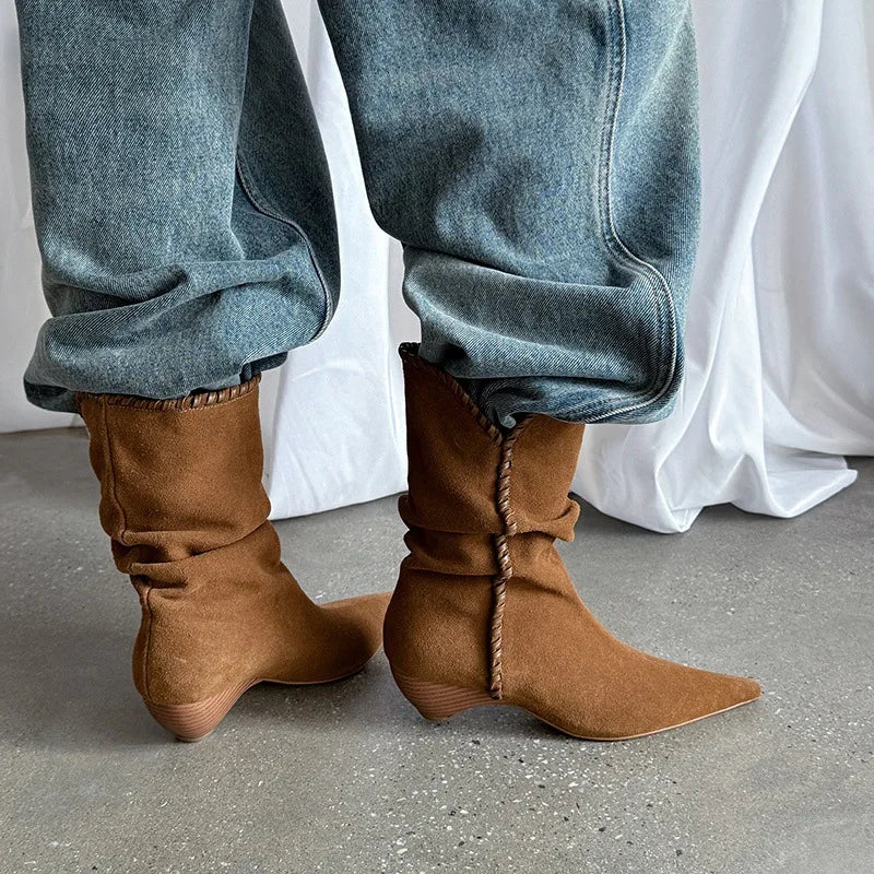 Autumn Brown Cow suede Pleated Short Boots
