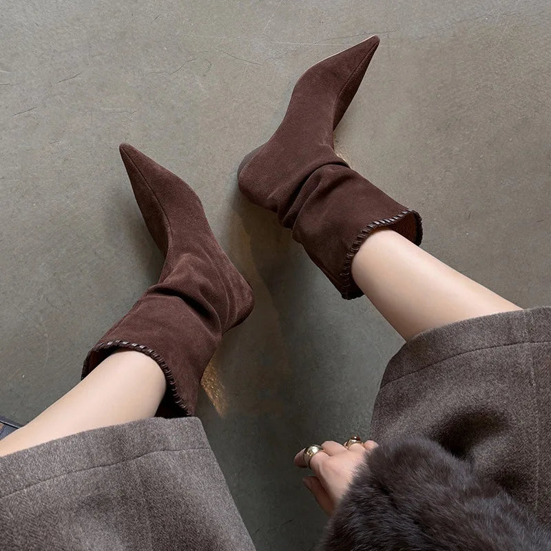Autumn Brown Cow suede Pleated Short Boots