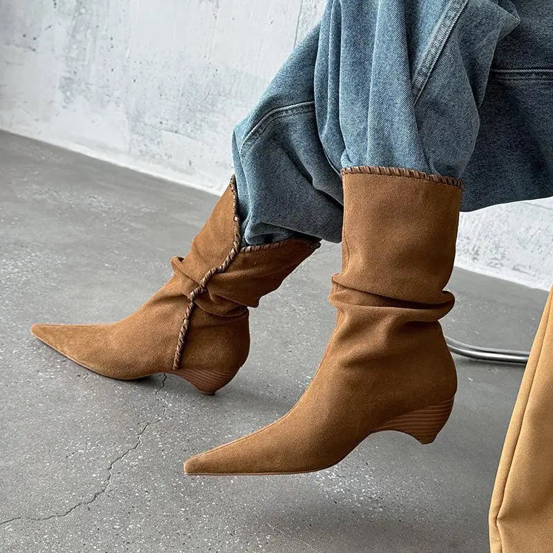 Autumn Brown Cow suede Pleated Short Boots
