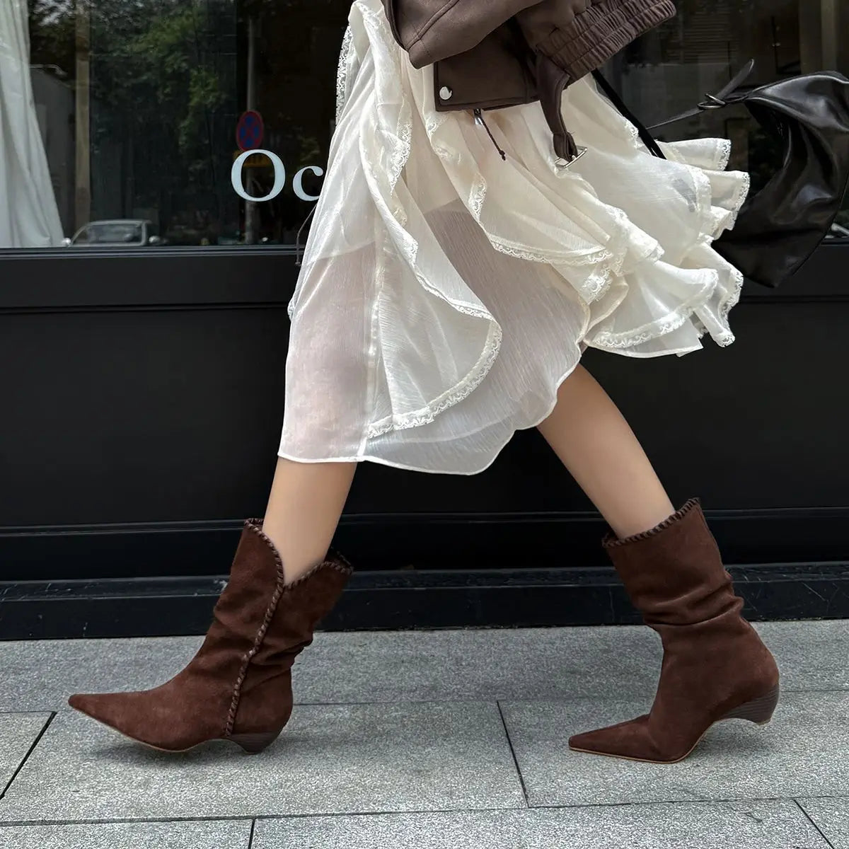 Autumn Brown Cow suede Pleated Short Boots