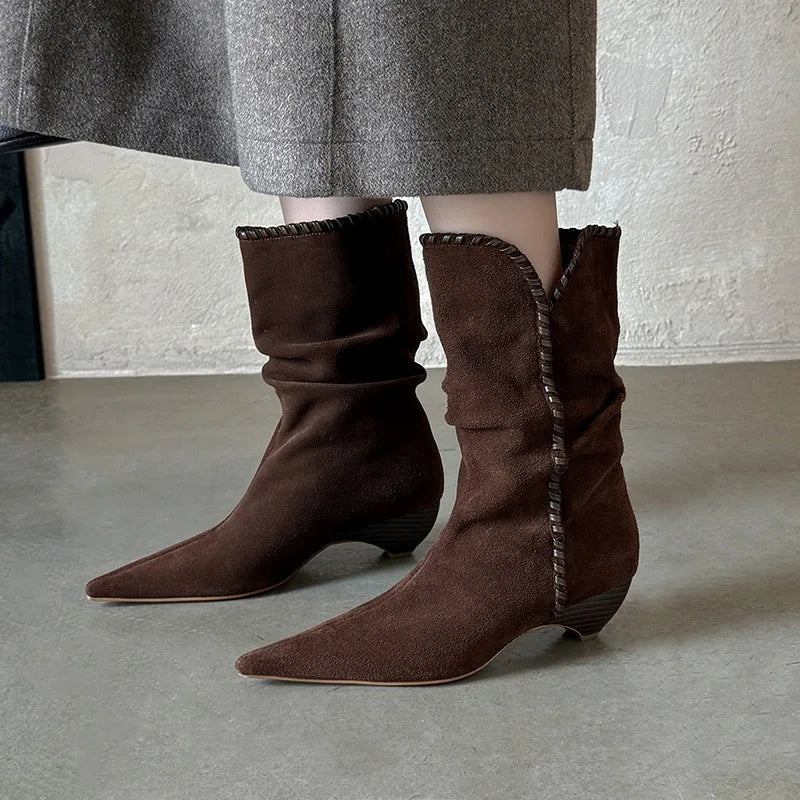 Autumn Brown Cow suede Pleated Short Boots