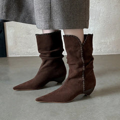 Autumn Brown Cow suede Pleated Short Boots