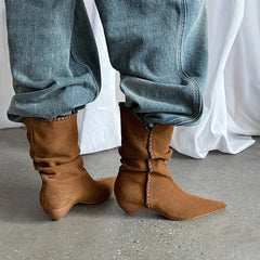 Autumn Brown Cow suede Pleated Short Boots