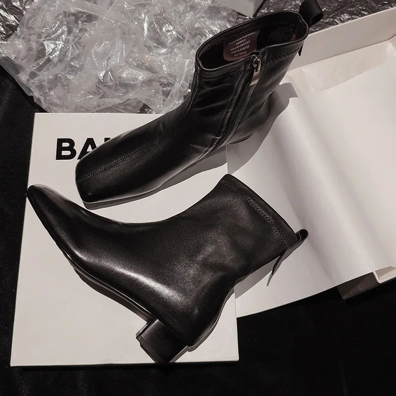 Autumn Brown Cowhide Side Zipper Short Boots
