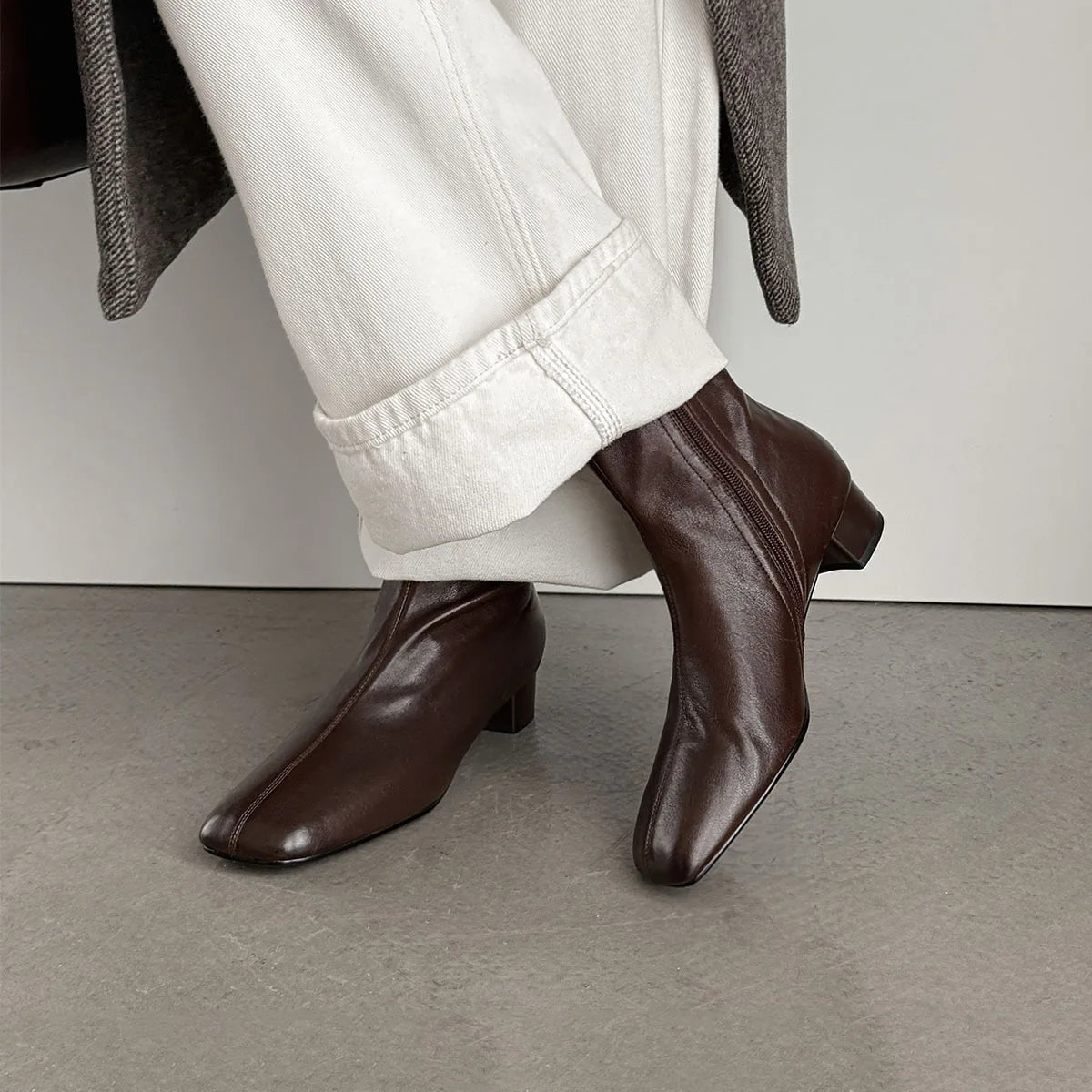 Autumn Brown Cowhide Side Zipper Short Boots