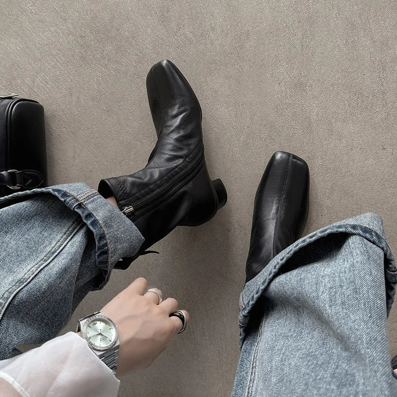 Autumn Brown Cowhide Side Zipper Short Boots