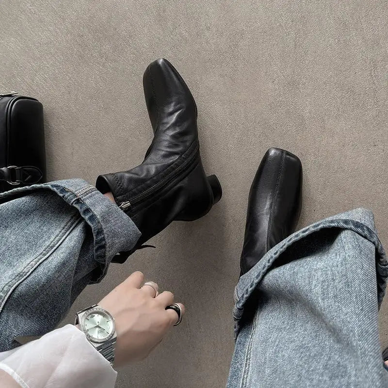 Autumn Brown Cowhide Side Zipper Short Boots