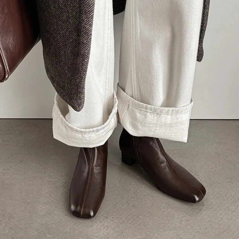 Autumn Brown Cowhide Side Zipper Short Boots