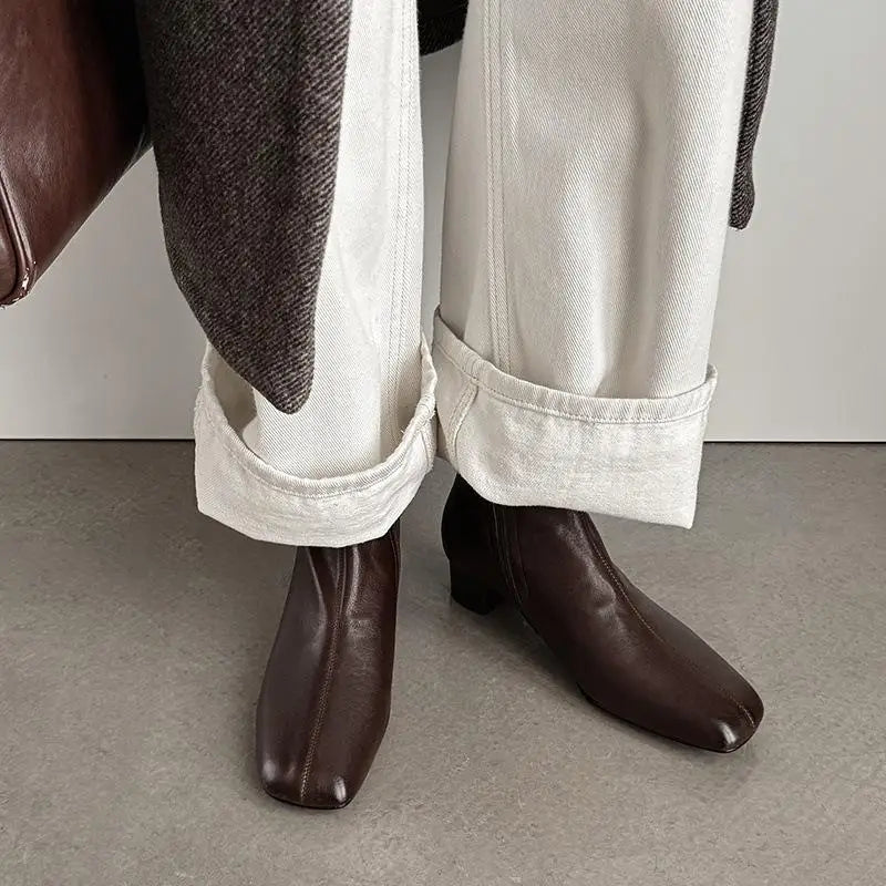 Autumn Brown Cowhide Side Zipper Short Boots
