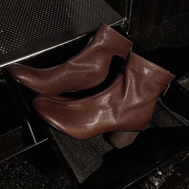 Autumn Brown cowhide Back zipper Short Boots