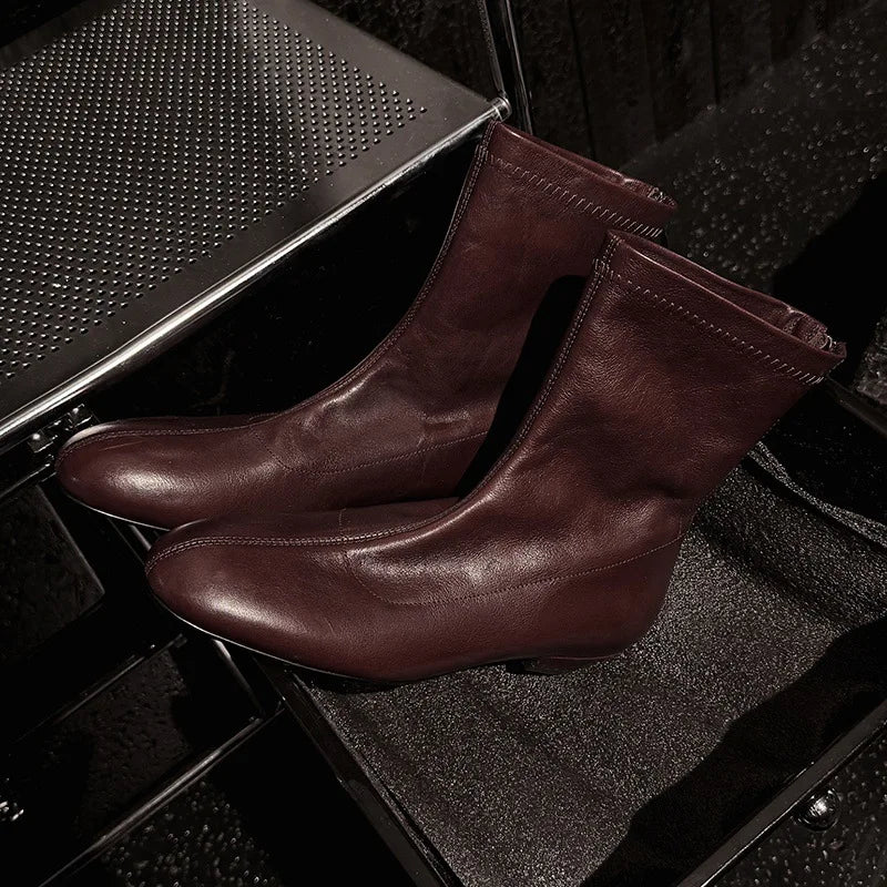 Autumn Brown cowhide Back zipper Skinny Boots