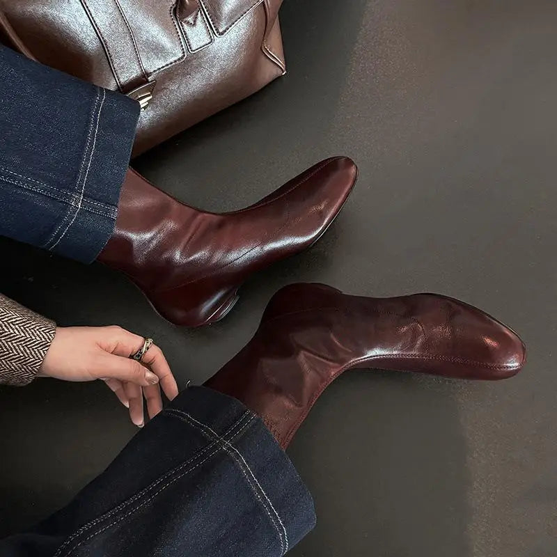 Autumn Brown cowhide Back zipper Skinny Boots