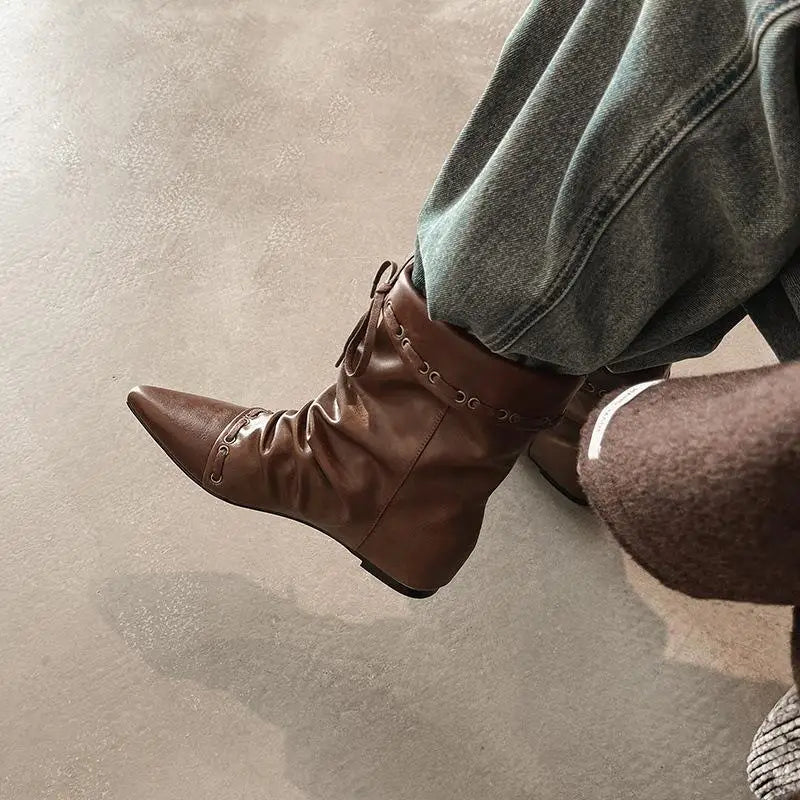 Autumn Brown cowhide Increased Internal Lace up Short Boots