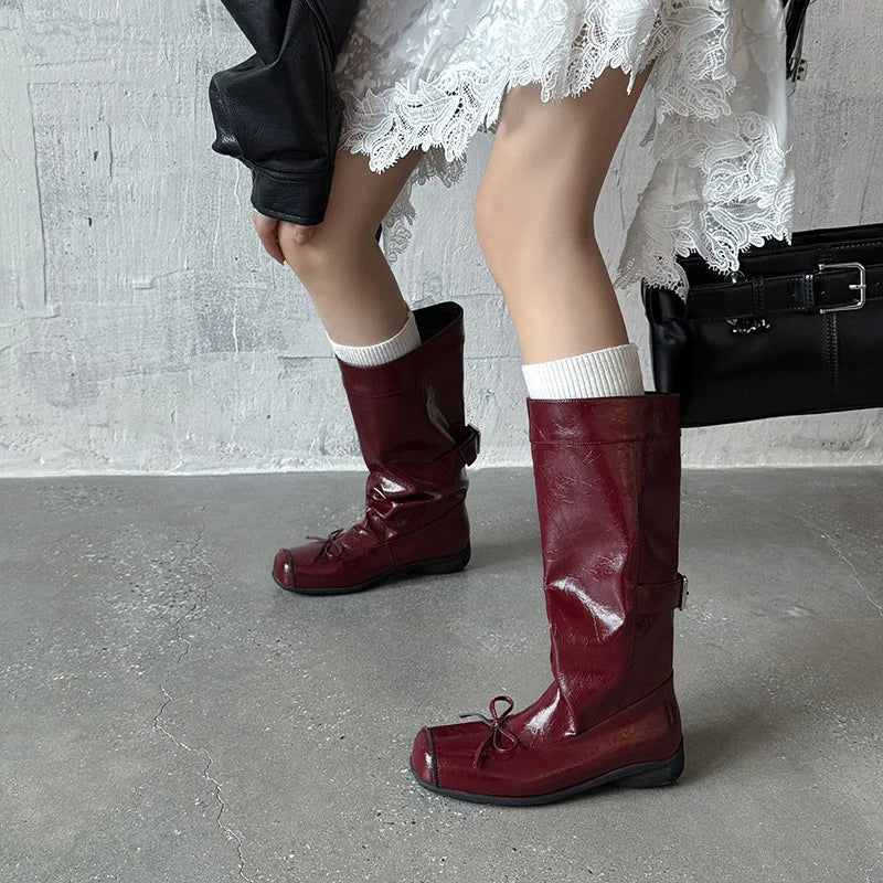 Autumn Burgundy cowhide bowknot Mid-Calf Boots