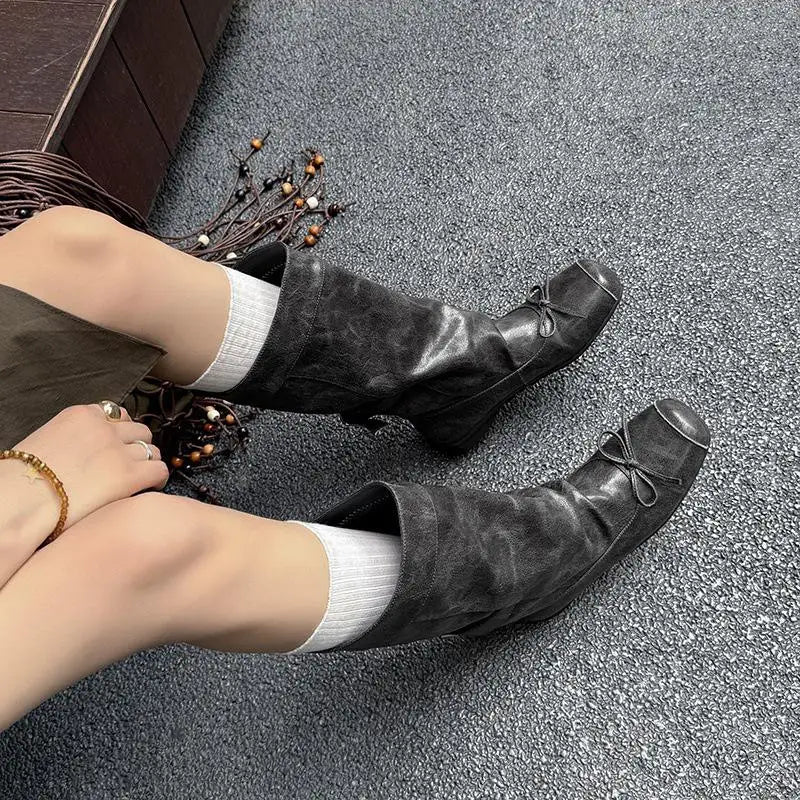 Autumn Burgundy cowhide bowknot Mid-Calf Boots