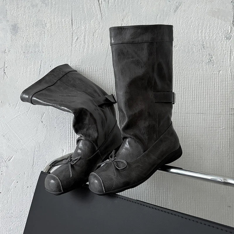 Autumn Burgundy cowhide bowknot Mid-Calf Boots