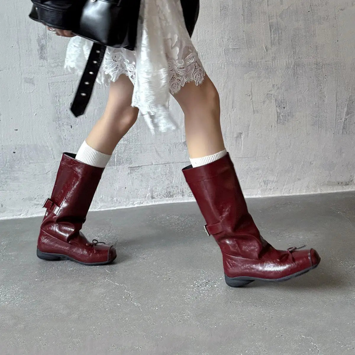 Autumn Burgundy cowhide bowknot Mid-Calf Boots
