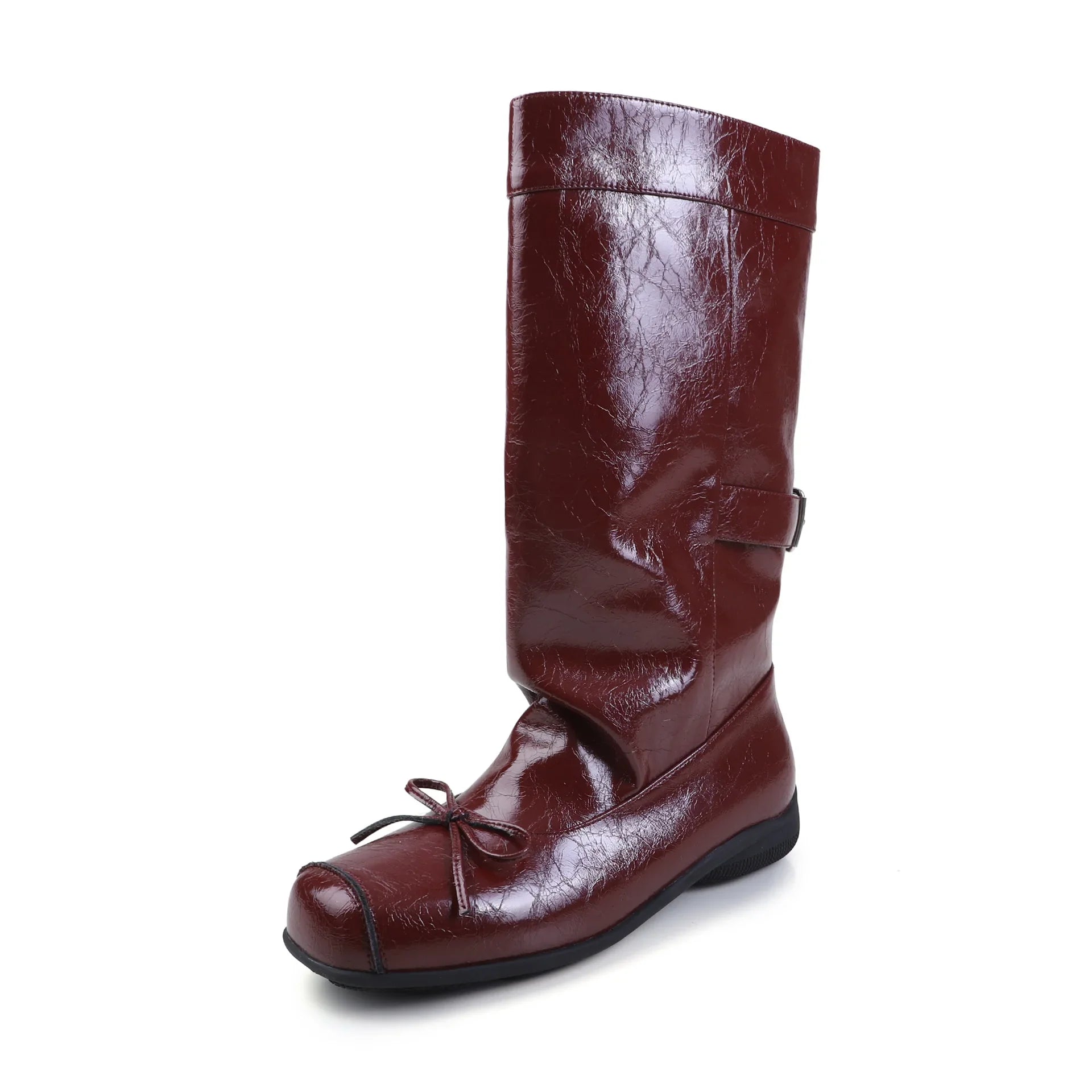 Autumn Burgundy cowhide bowknot Mid-Calf Boots
