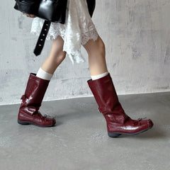 Autumn Burgundy cowhide bowknot Mid-Calf Boots