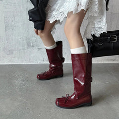 Autumn Burgundy cowhide bowknot Mid-Calf Boots