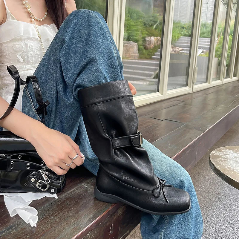 Autumn Burgundy sheepskin Belt buckle Mid-Calf boot Square to Pleated slip-on Middle heel Large tubular boots