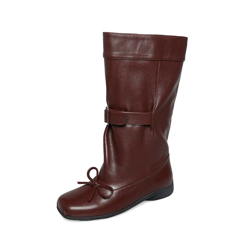 Autumn Burgundy sheepskin Belt buckle Mid-Calf boot Square to Pleated slip-on Middle heel Large tubular boots
