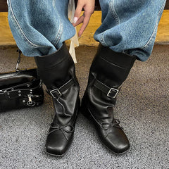 Autumn Burgundy sheepskin Belt buckle Mid-Calf boot Square to Pleated slip-on Middle heel Large tubular boots