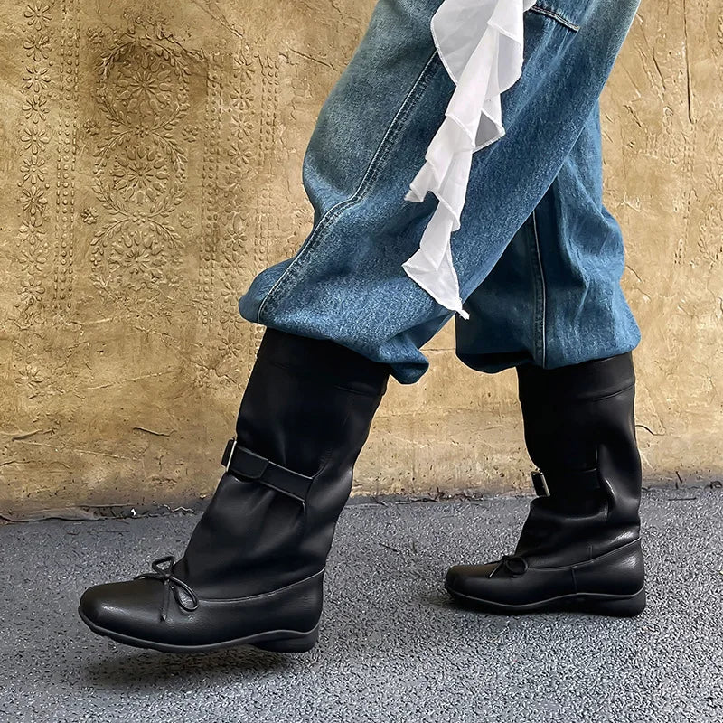 Autumn Burgundy sheepskin Belt buckle Mid-Calf boot Square to Pleated slip-on Middle heel Large tubular boots