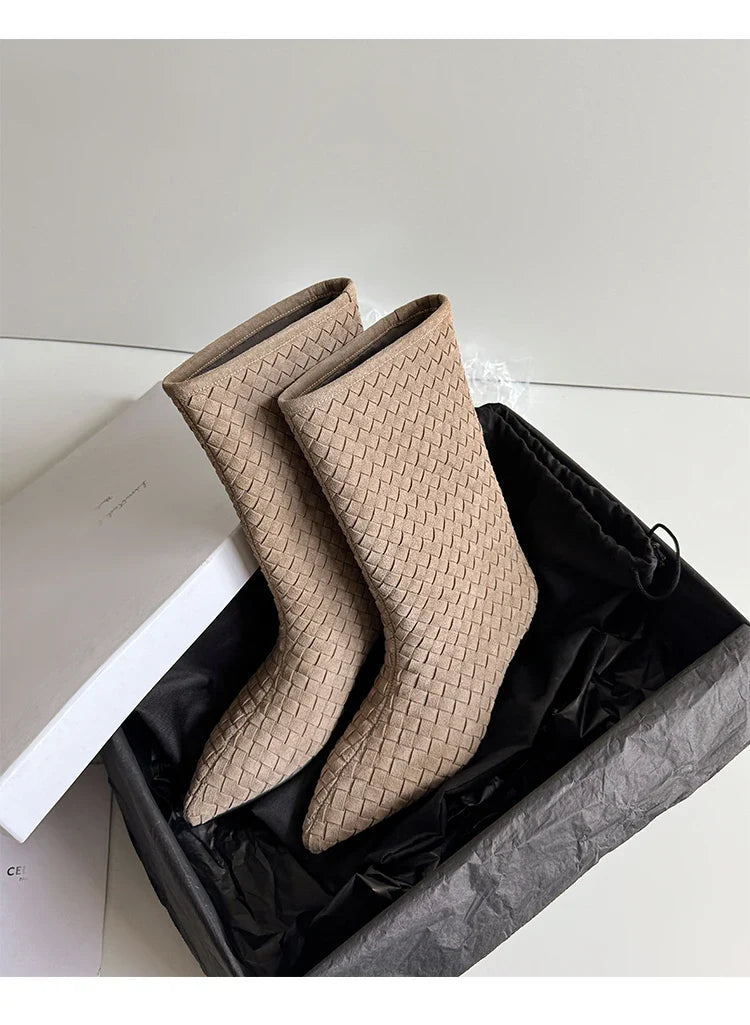 Autumn Cow Suede Weave Plaid Modern Boots