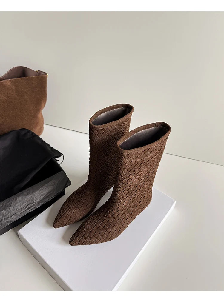 Autumn Cow Suede Weave Plaid Modern Boots