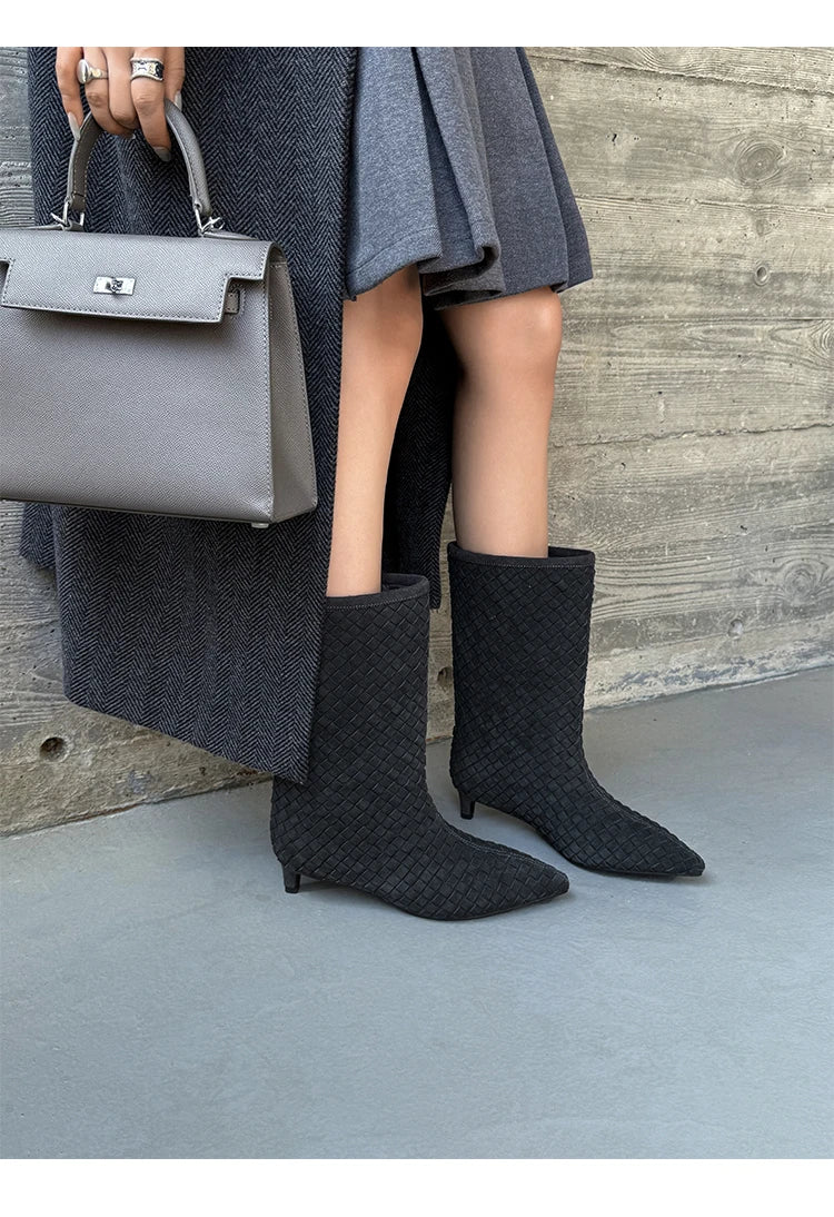 Autumn Cow Suede Weave Plaid Modern Boots