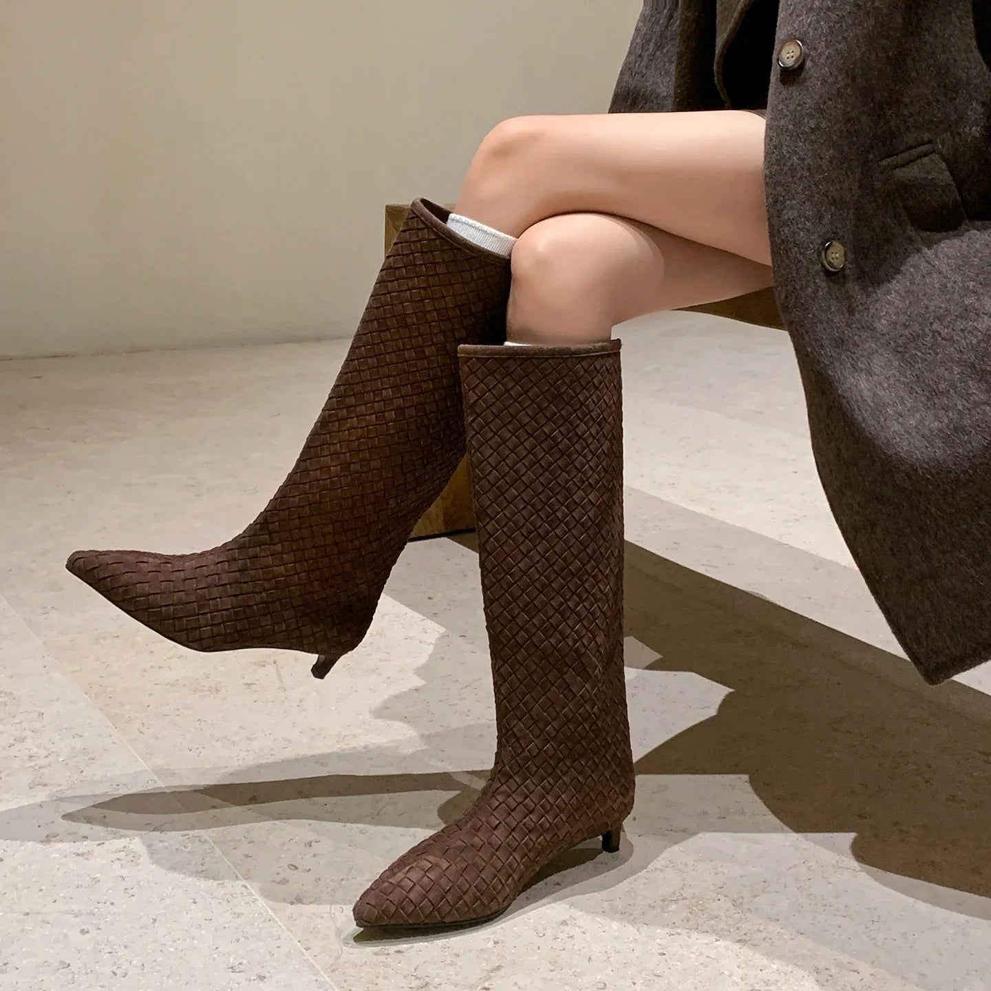 Autumn Cow Suede Weave Plaid Modern Boots