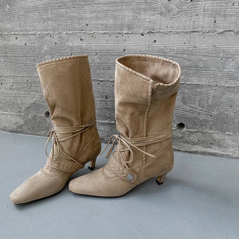 Autumn Cow suede Ankle strap Mid-Calf Boots