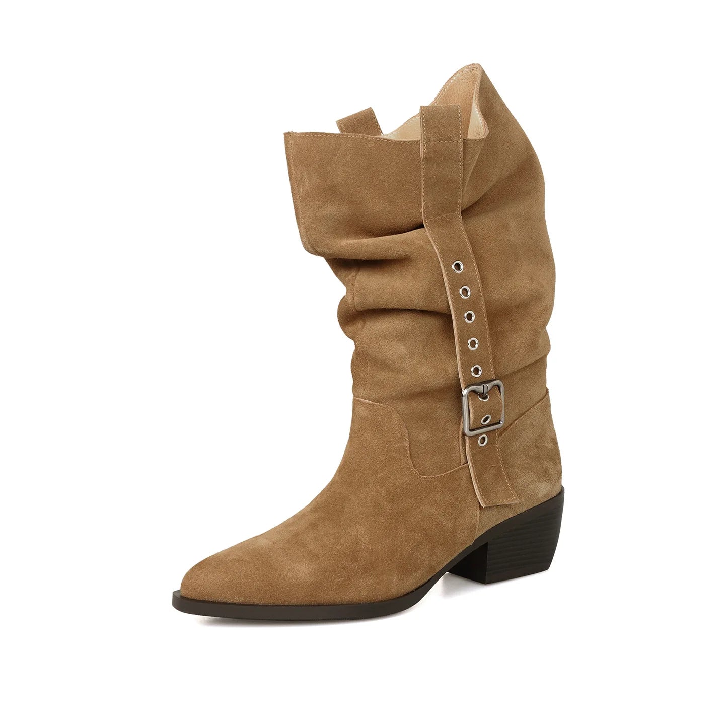 Autumn Cow suede Belt buckle Mid-Calf Boots