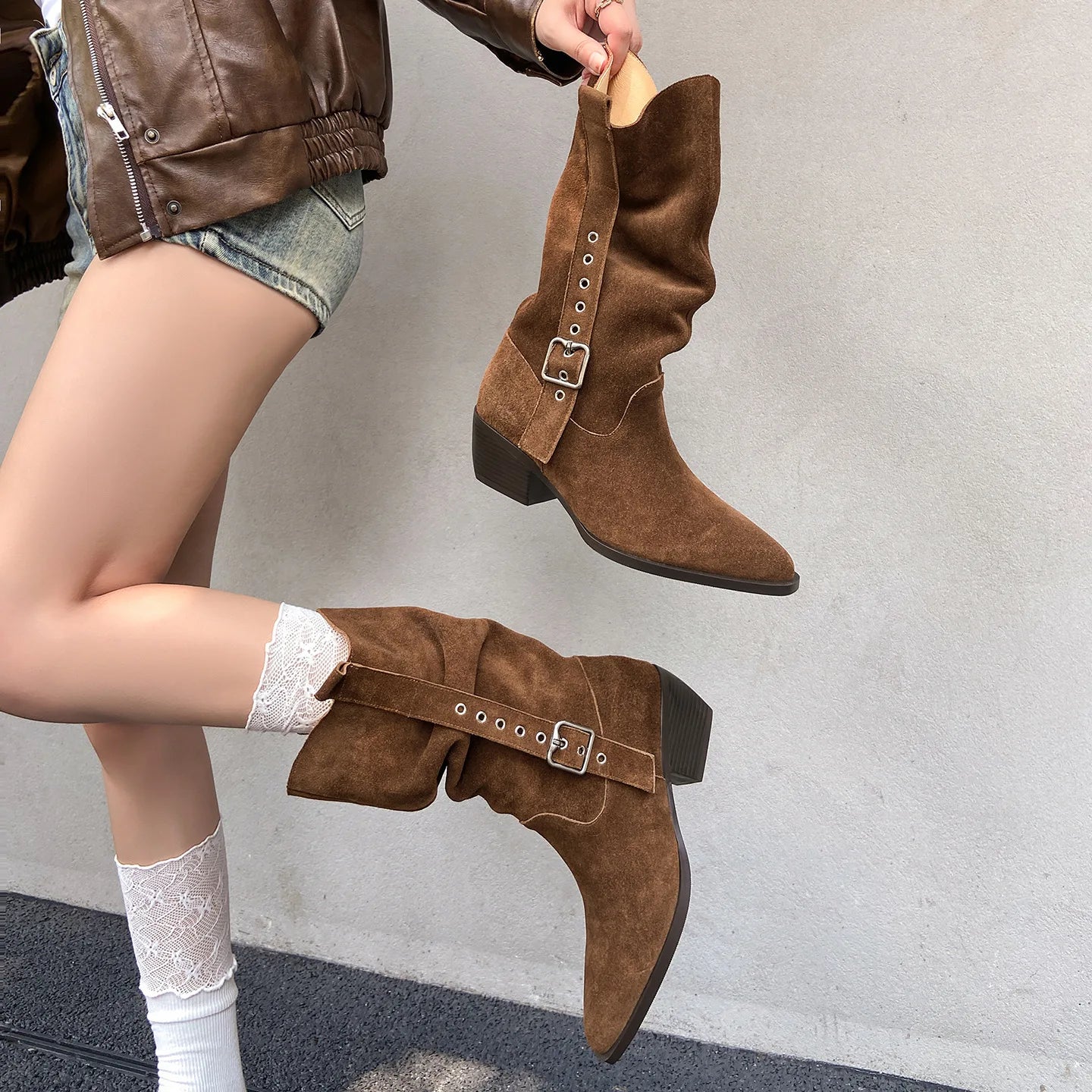 Autumn Cow suede Belt buckle Mid-Calf Boots