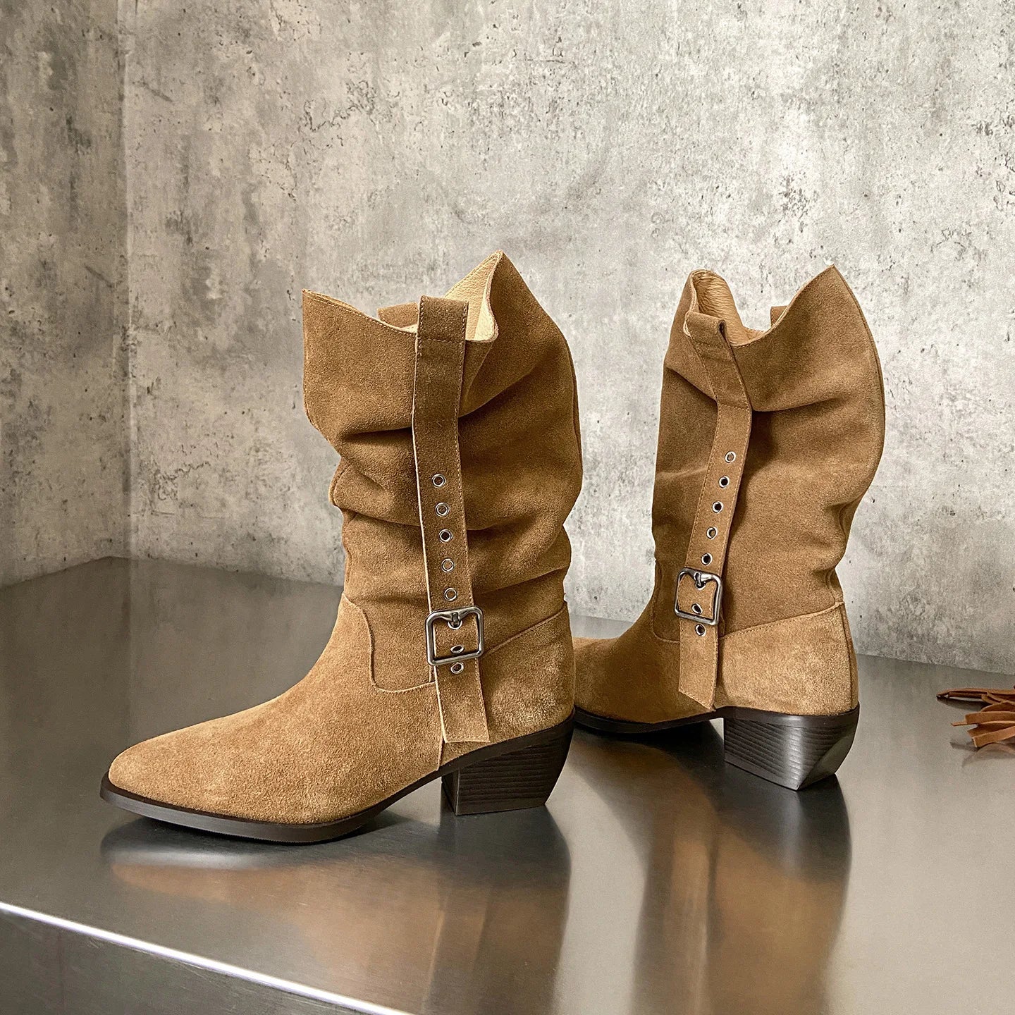 Autumn Cow suede Belt buckle Mid-Calf Boots