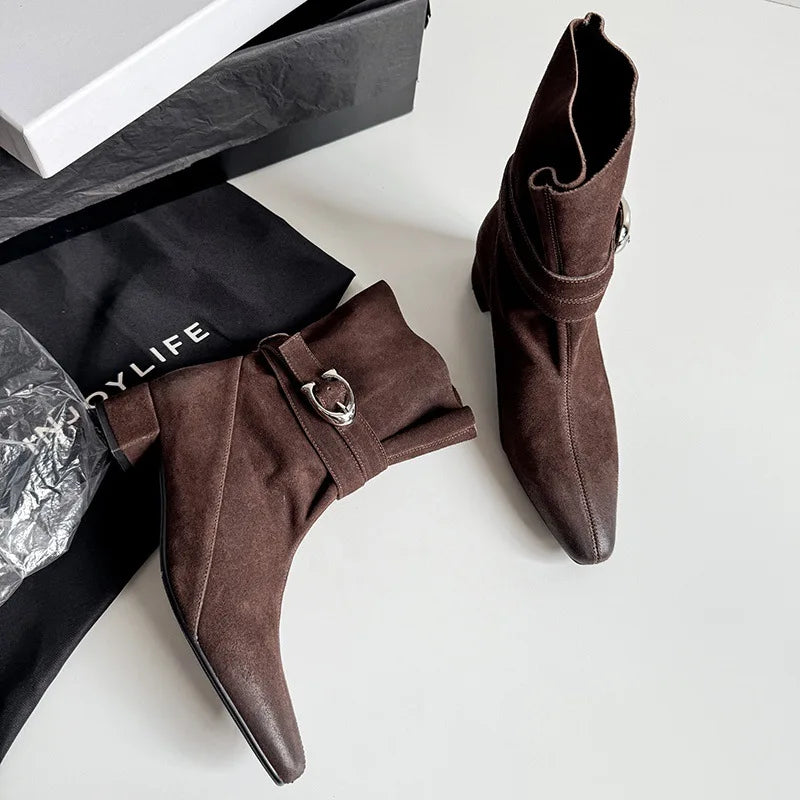 Autumn Cow suede Belt buckle Short Boots