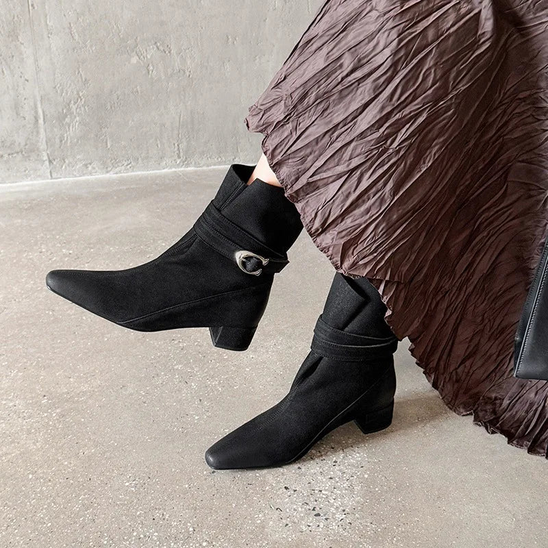 Autumn Cow suede Belt buckle Short Boots