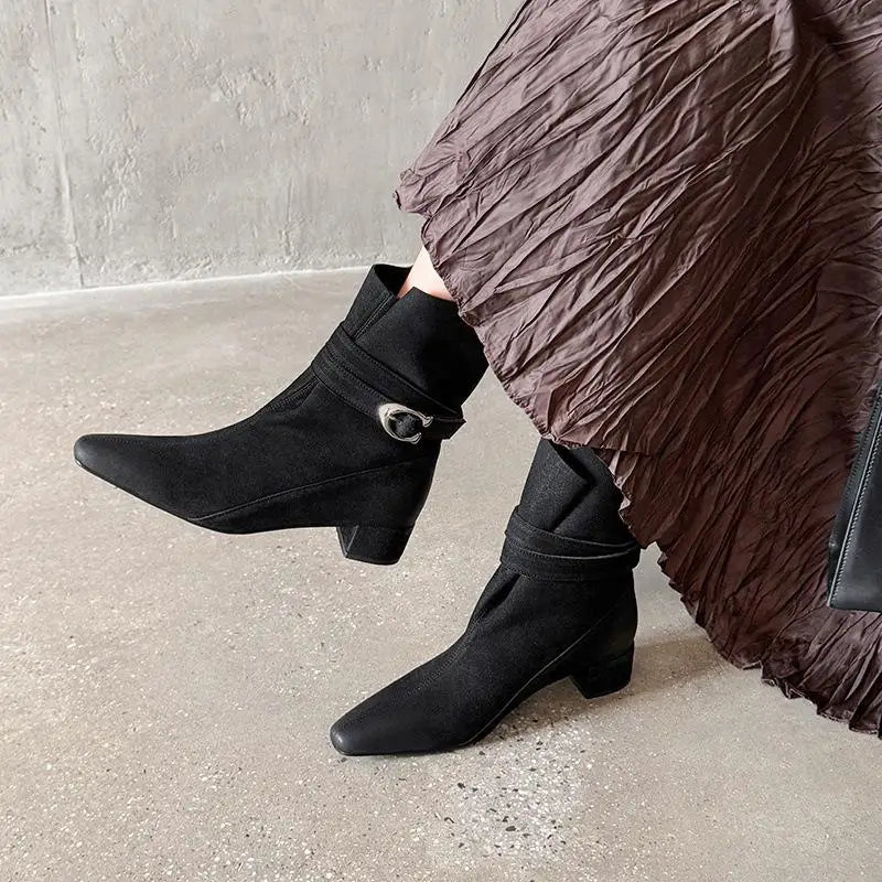 Autumn Cow suede Belt buckle Short Boots