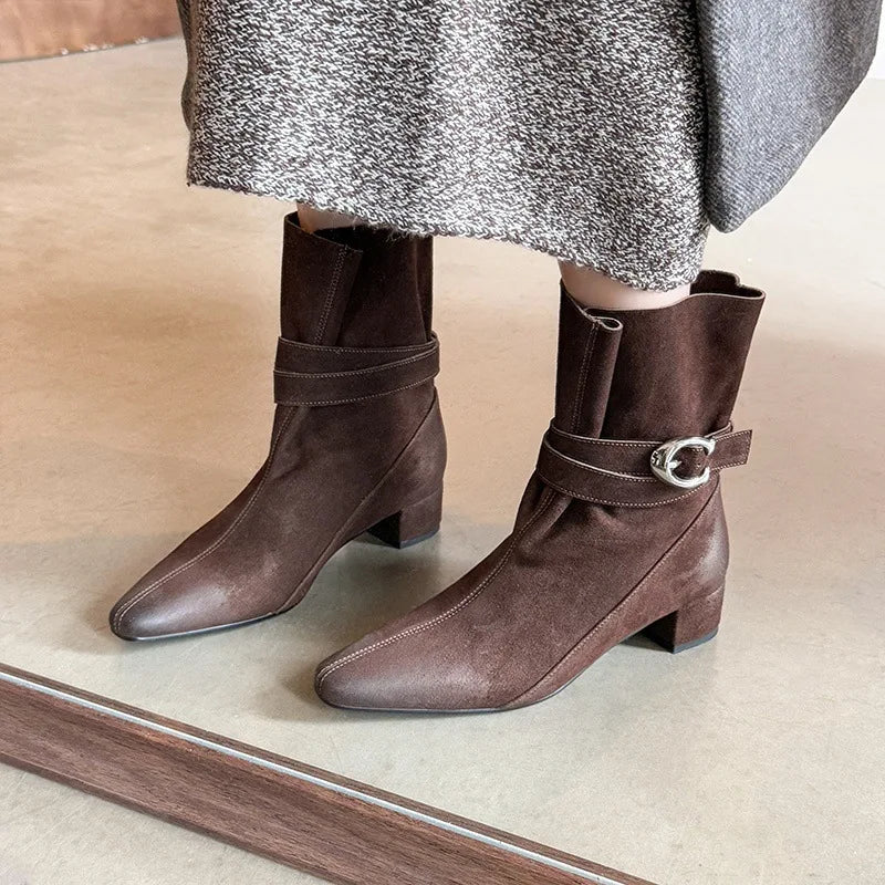 Autumn Cow suede Belt buckle Short Boots