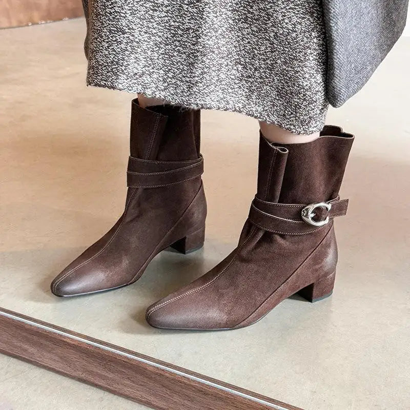 Autumn Cow suede Belt buckle Short Boots