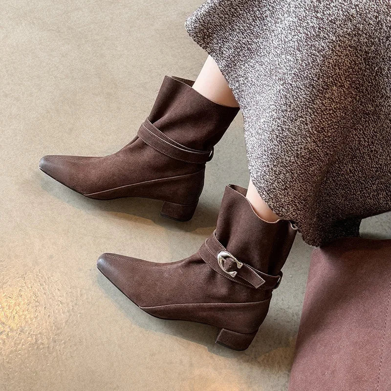 Autumn Cow suede Belt buckle Short Boots