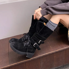 Autumn Cow suede Lace up Riding Boots
