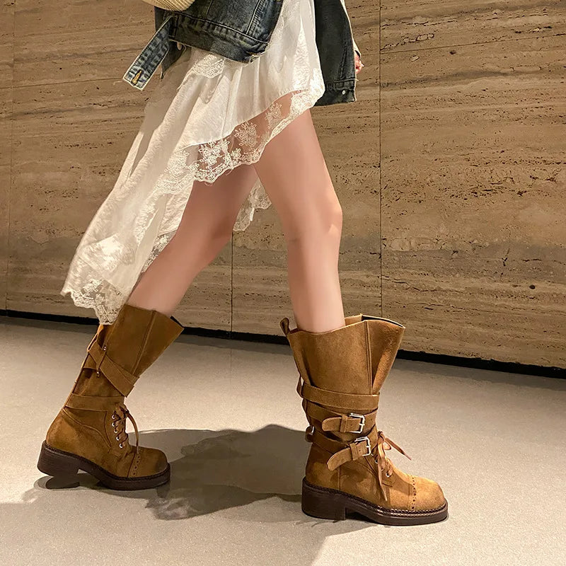 Autumn Cow suede Lace up Riding Boots