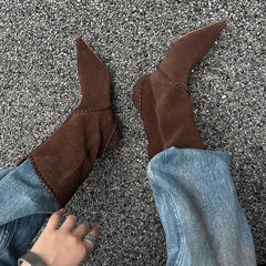 Autumn Cow suede Pleated Wedges Western Boots